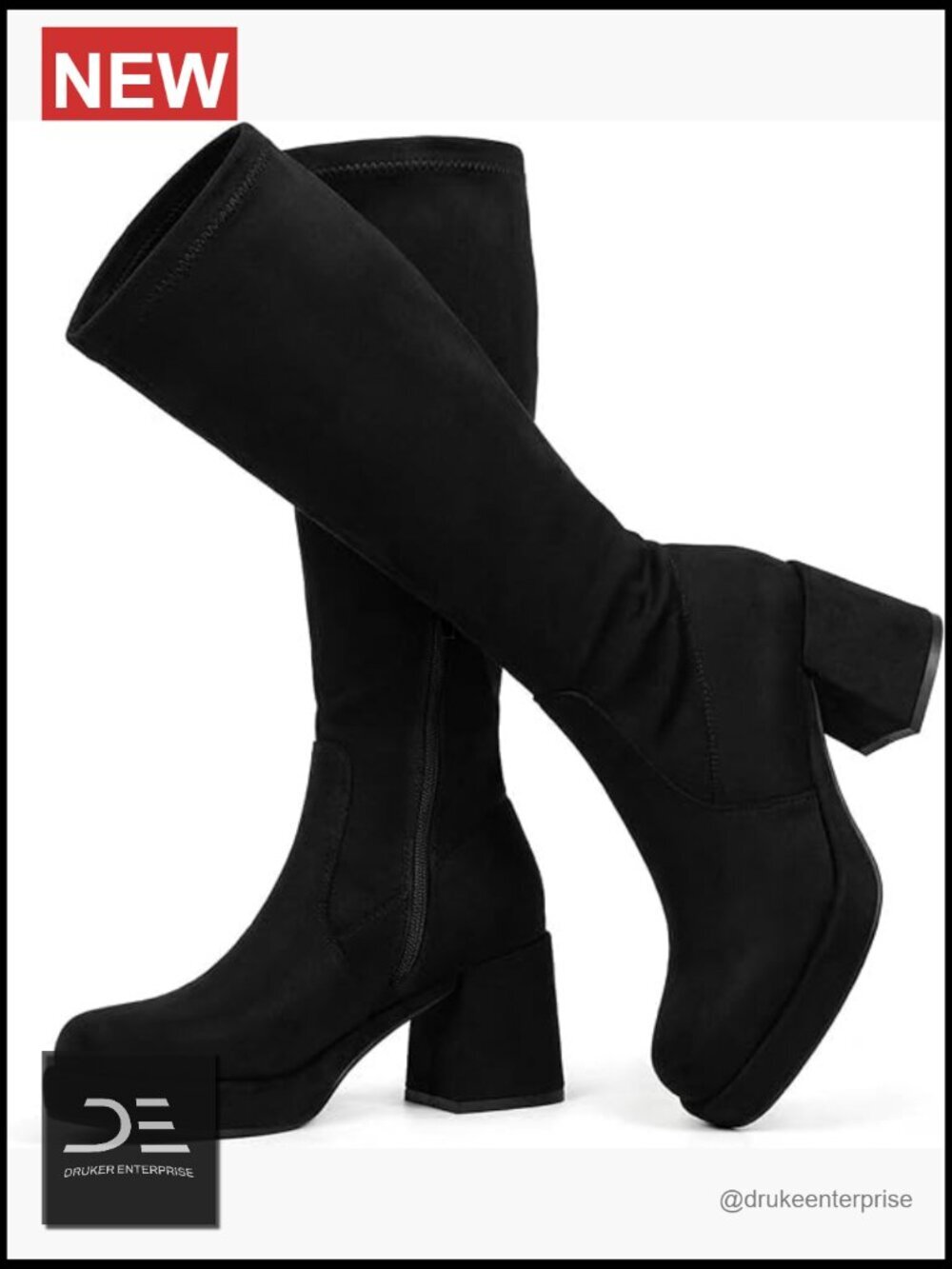 Women Suede Knee High Boots Chunky Heel Platform Side Zipper Dress Boots